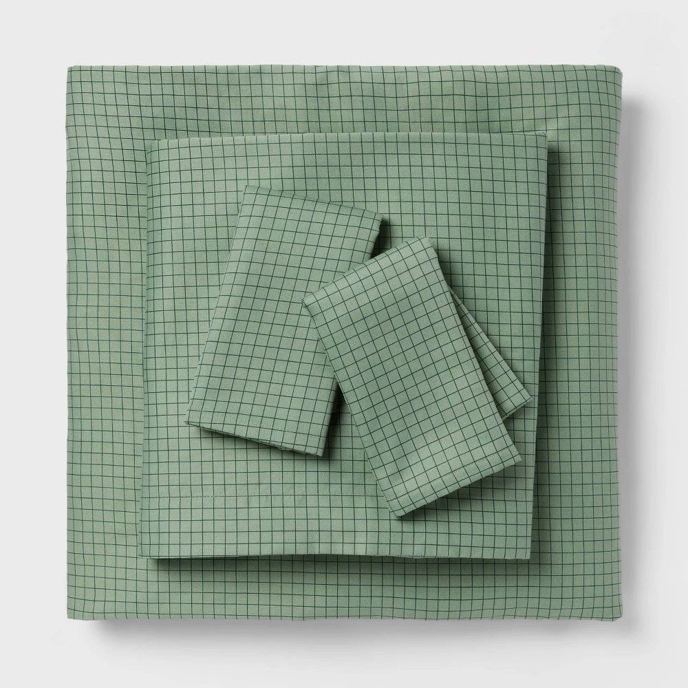 Room Essentials King Cotton Blend Sateen Sheet Set Sage Green Micro Grid New
